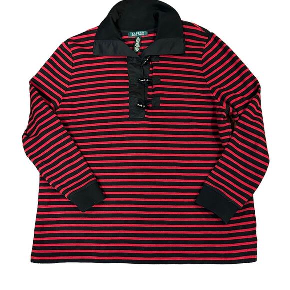 Lauren Ralph Lauren Womens 1X Black and Red Stripes Top with Toggle Closure - Picture 1 of 8